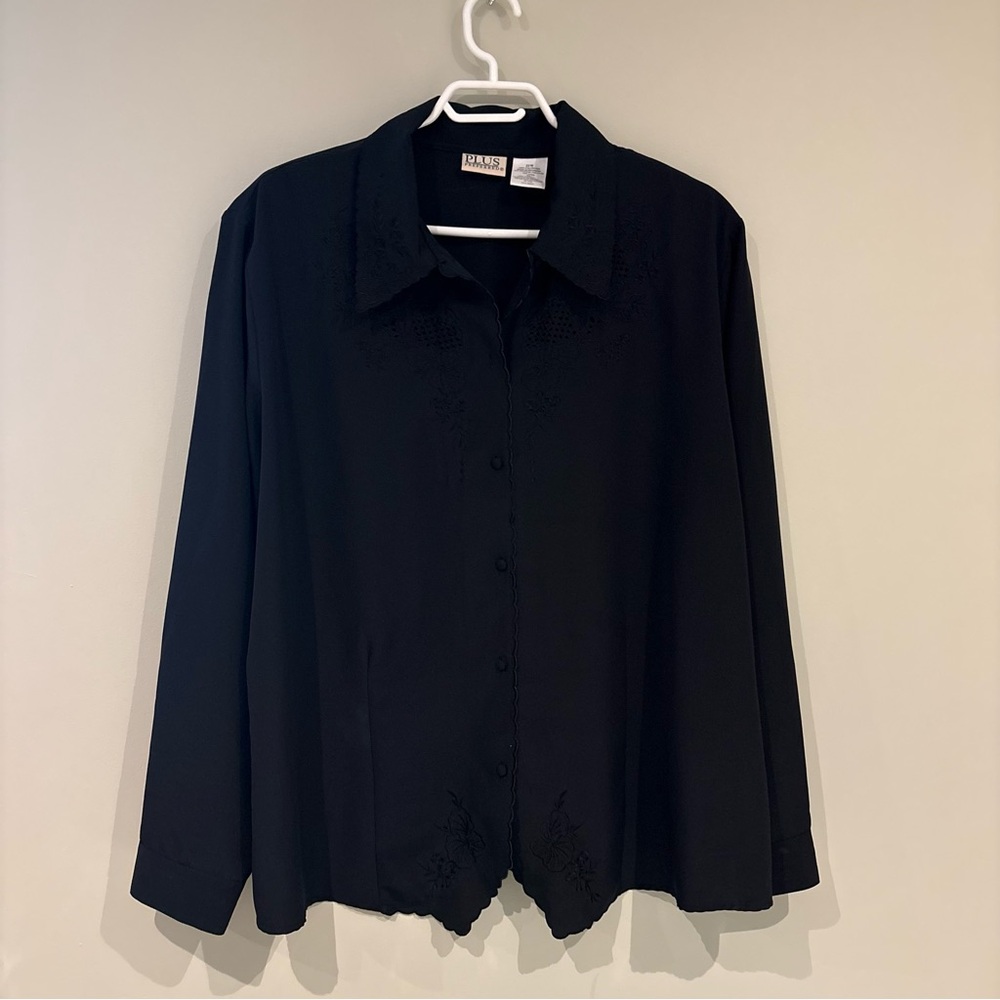 Cottagecore Black Button-Down Shirt with Subtle Black Embroidery